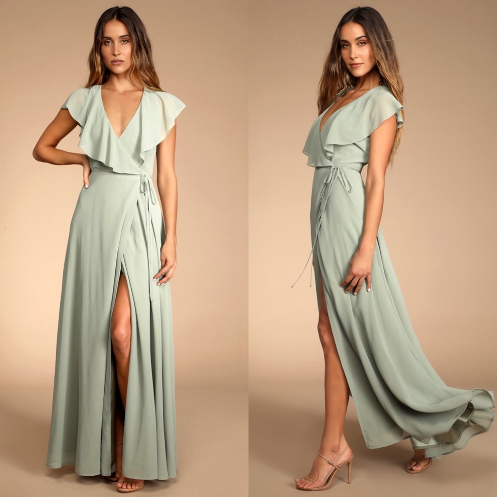 NWT Lulus Heartfelt Romance Sage Brush Short Sleeve Maxi Wrap Dress S